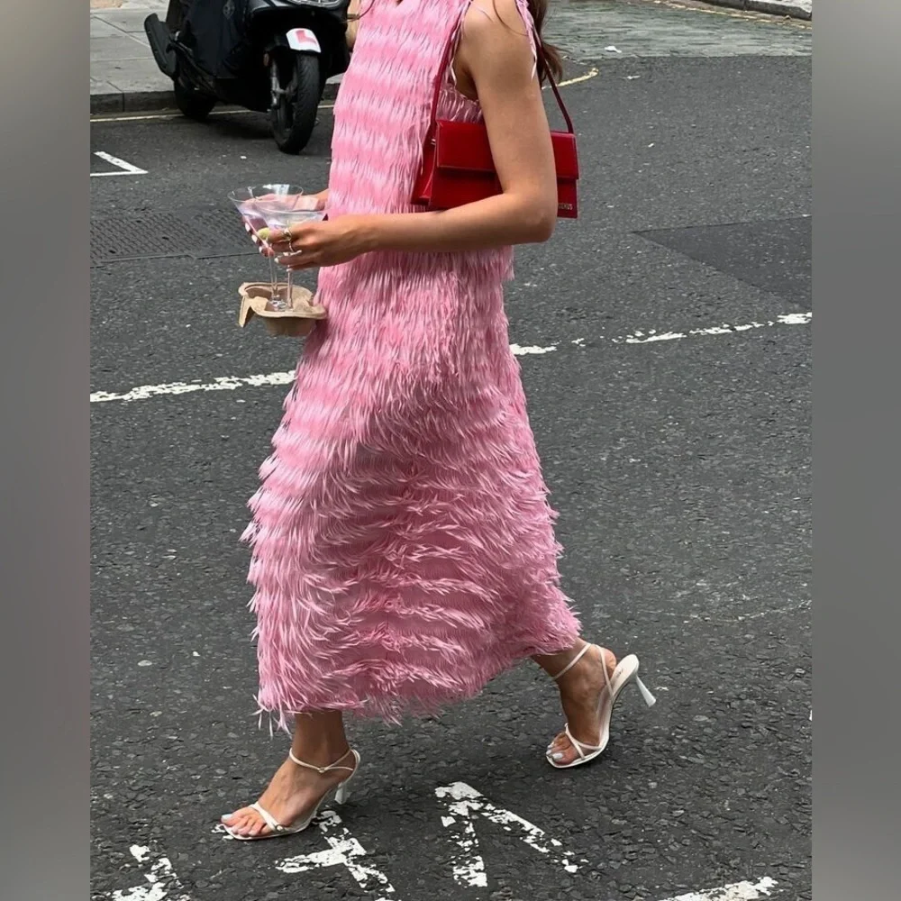 Zara Pink Backless Feather-Texture Midi Dress